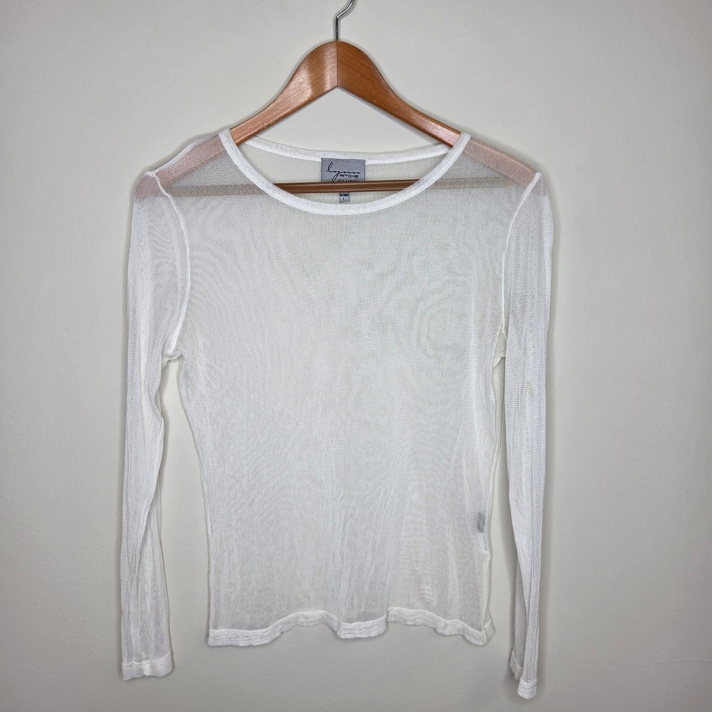 100% Silk Sheer Lynn Ritchie Silver White Mesh Long Sleeve  L Balletcore Y2K